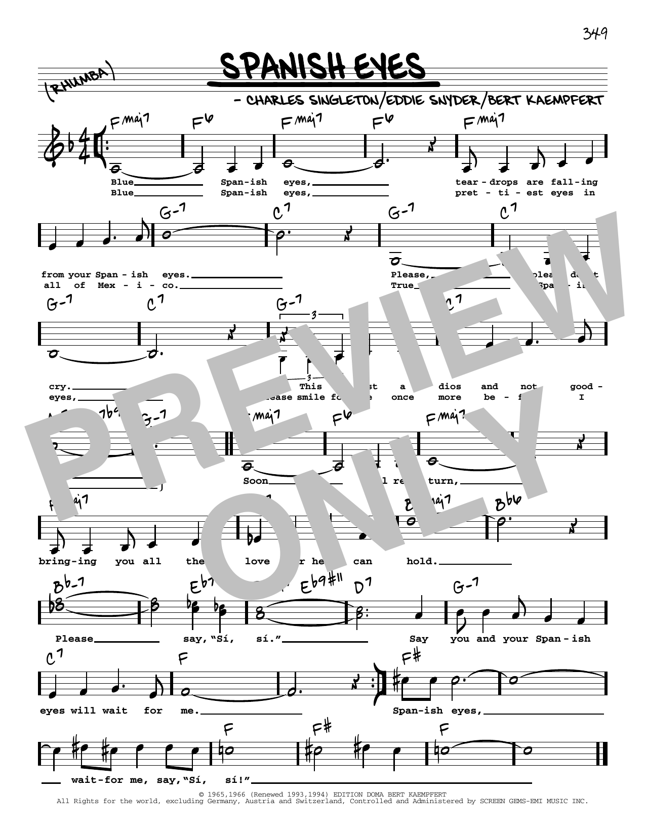 Elvis Presley Spanish Eyes (Low Voice) Sheet Music Notes & Chords for Real Book – Melody, Lyrics & Chords - Download or Print PDF