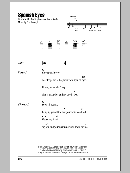 Elvis Presley Spanish Eyes Sheet Music Notes & Chords for Ukulele with strumming patterns - Download or Print PDF