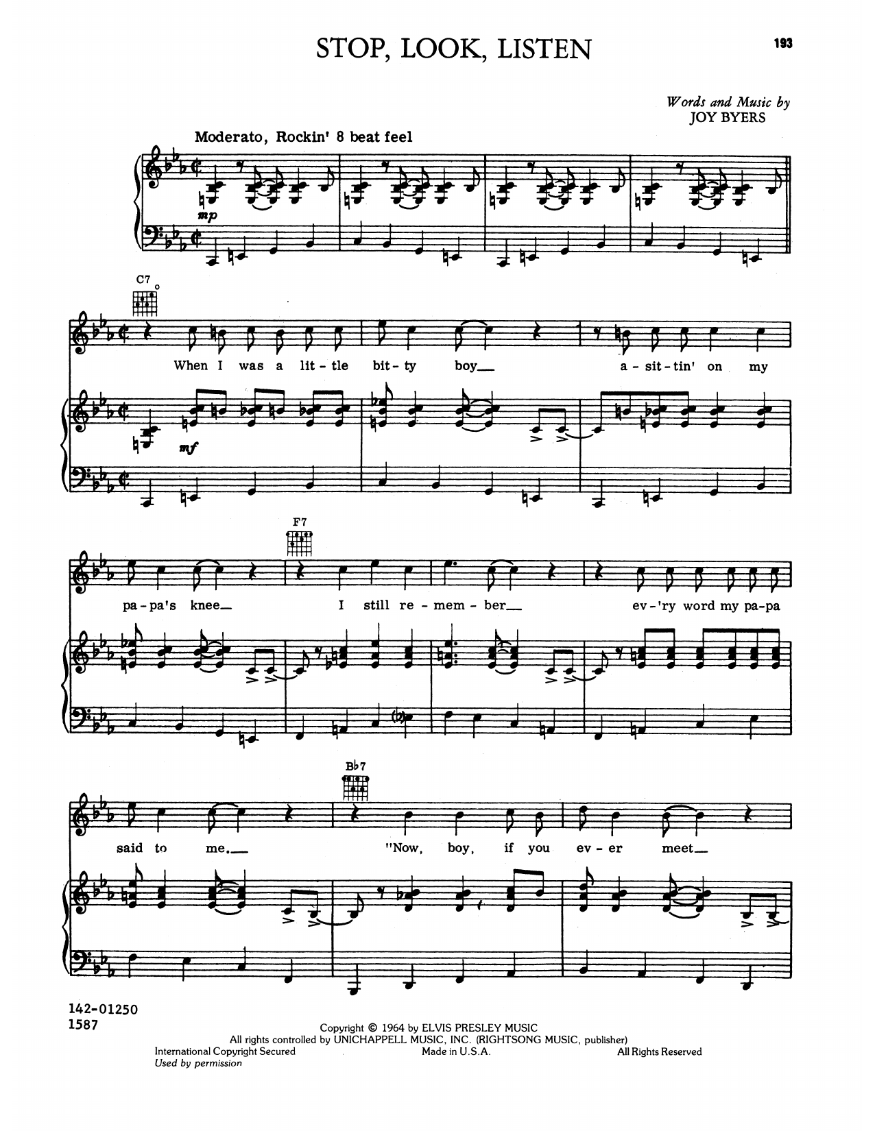 Elvis Presley Stop, Look, Listen Sheet Music Notes & Chords for Piano, Vocal & Guitar Chords (Right-Hand Melody) - Download or Print PDF Elvis Presley Stop, Look, Listen Sheet Music Notes & Chords for Piano, Vocal & Guitar Chords (Right-Hand Melody) - Download or Print PDF