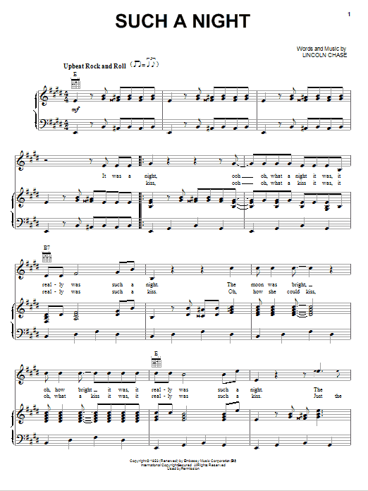 Elvis Presley Such A Night Sheet Music Notes & Chords for Piano, Vocal & Guitar (Right-Hand Melody) - Download or Print PDF