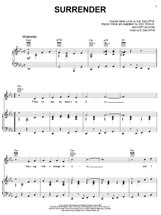 Elvis Presley Surrender Sheet Music Notes & Chords for Piano, Vocal & Guitar (Right-Hand Melody) - Download or Print PDF