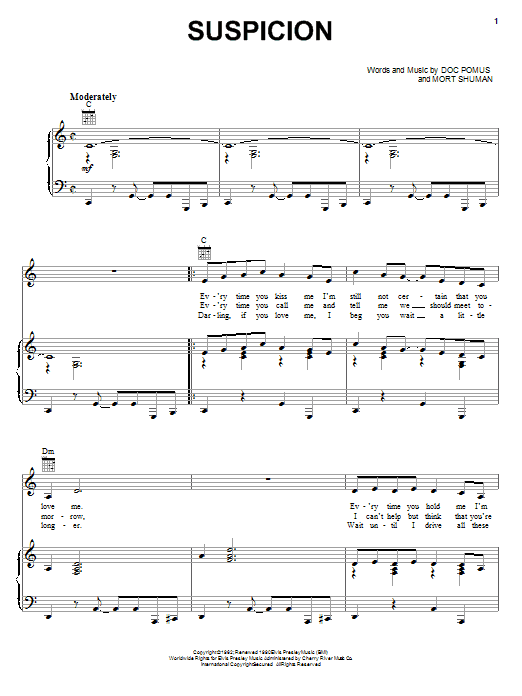 Elvis Presley Suspicion Sheet Music Notes & Chords for Lyrics & Chords - Download or Print PDF