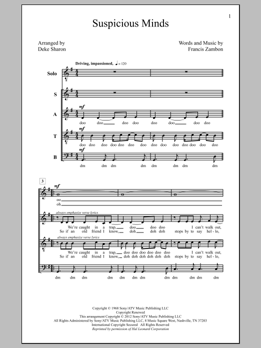 Elvis Presley Suspicious Minds (arr. Deke Sharon) Sheet Music Notes & Chords for SATB - Download or Print PDF