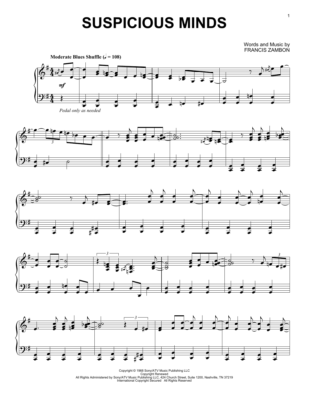 Elvis Presley Suspicious Minds [Jazz version] Sheet Music Notes & Chords for Piano Solo - Download or Print PDF