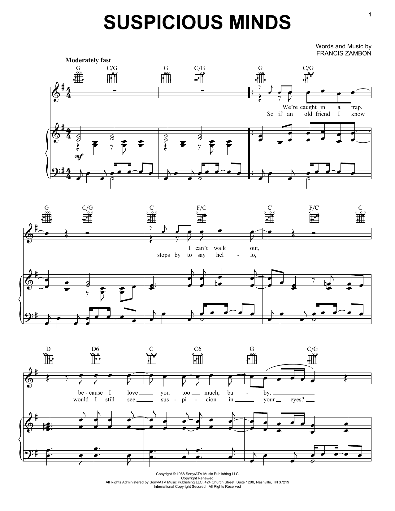 Elvis Presley Suspicious Minds Sheet Music Notes & Chords for Piano, Vocal & Guitar - Download or Print PDF