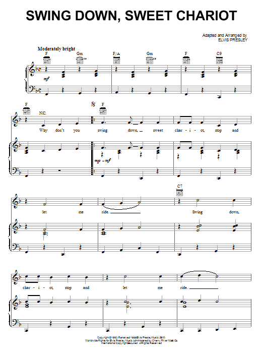 Elvis Presley Swing Down, Sweet Chariot Sheet Music Notes & Chords for Piano, Vocal & Guitar (Right-Hand Melody) - Download or Print PDF