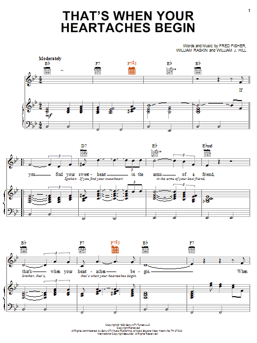 Elvis Presley That's When Your Heartaches Begin Sheet Music Notes & Chords for Piano, Vocal & Guitar (Right-Hand Melody) - Download or Print PDF