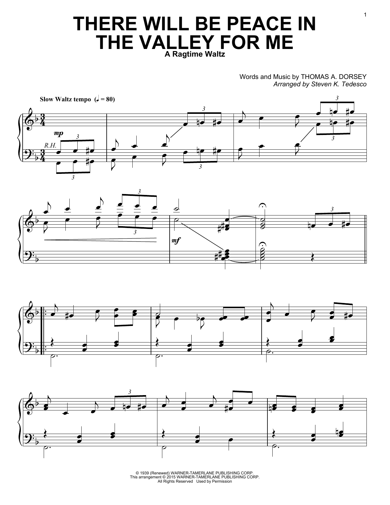 Steven K. Tedesco There Will Be Peace In The Valley For Me [Ragtime version] Sheet Music Notes & Chords for Piano - Download or Print PDF