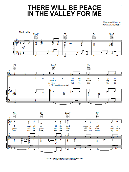 Elvis Presley (There'll Be) Peace In The Valley (For Me) Sheet Music Notes & Chords for Piano, Vocal & Guitar (Right-Hand Melody) - Download or Print PDF