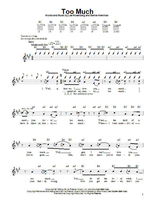 Elvis Presley Too Much Sheet Music Notes & Chords for Melody Line, Lyrics & Chords - Download or Print PDF