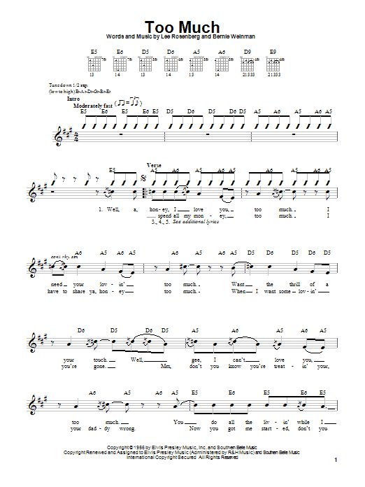 Elvis Presley Too Much Sheet Music Notes & Chords for Piano, Vocal & Guitar (Right-Hand Melody) - Download or Print PDF