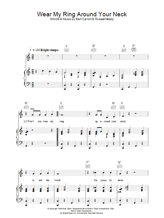 Elvis Presley Wear My Ring Around Your Neck Sheet Music Notes & Chords for Easy Piano - Download or Print PDF