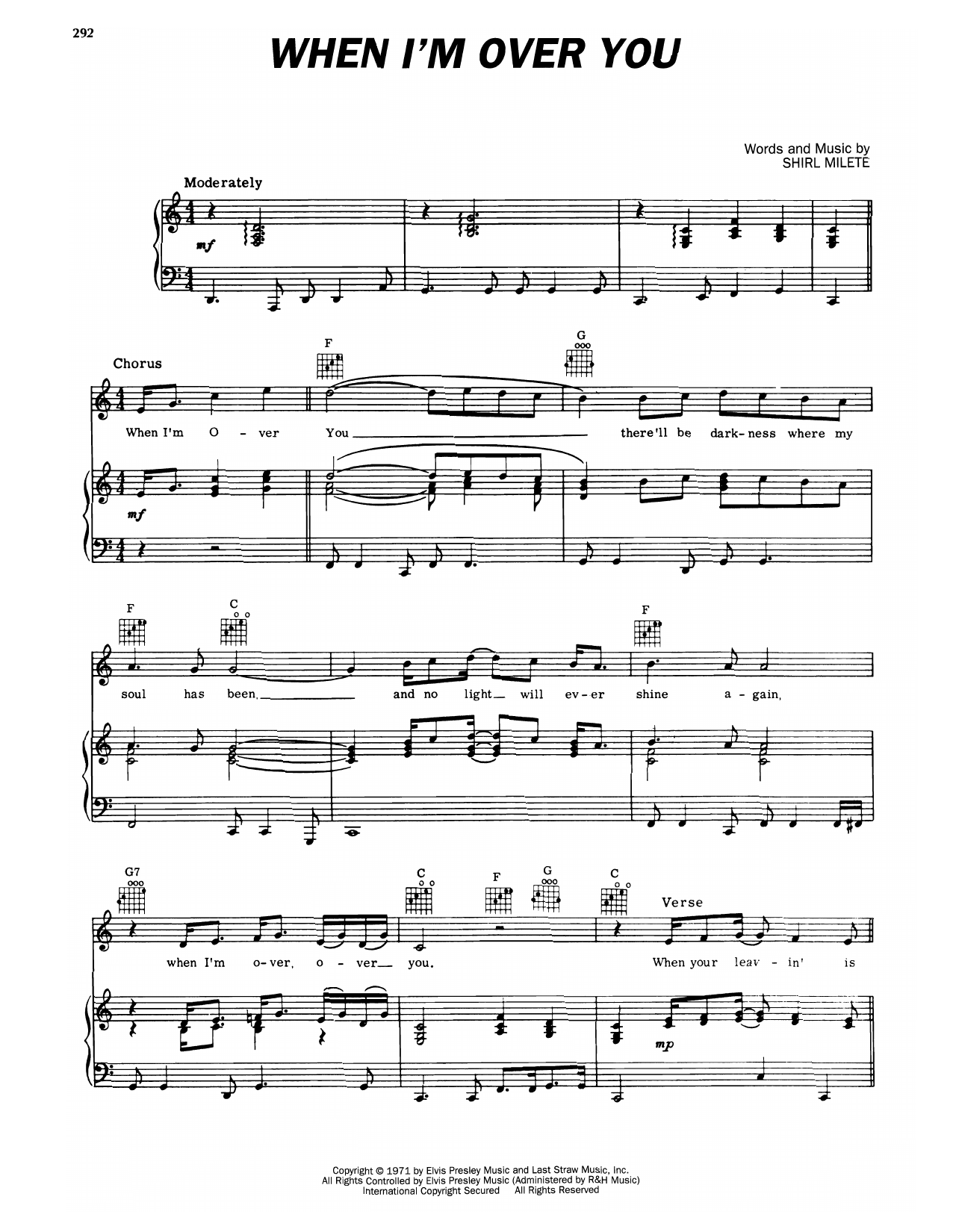 Elvis Presley When I'm Over You Sheet Music Notes & Chords for Piano, Vocal & Guitar Chords (Right-Hand Melody) - Download or Print PDF