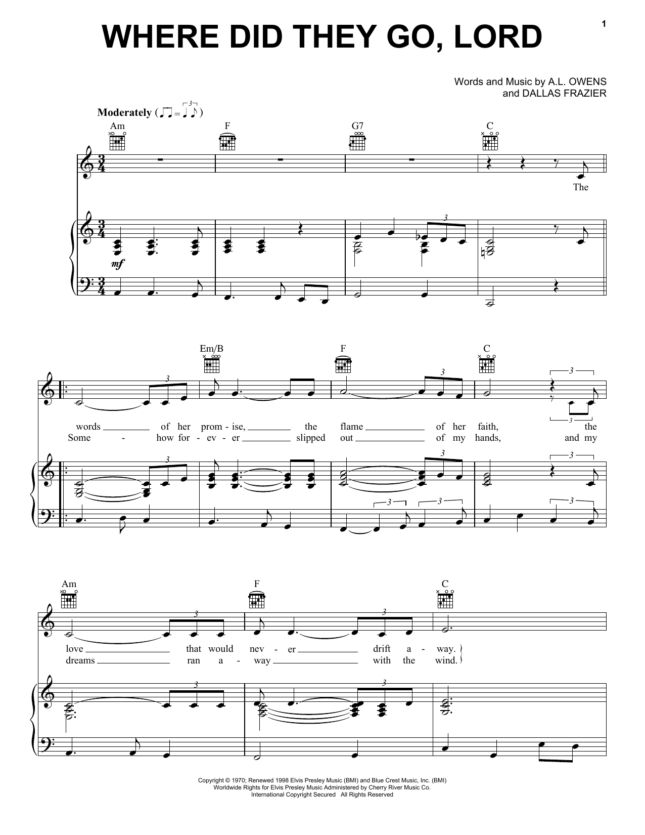 Elvis Presley Where Did They Go, Lord Sheet Music Notes & Chords for Piano, Vocal & Guitar Chords (Right-Hand Melody) - Download or Print PDF