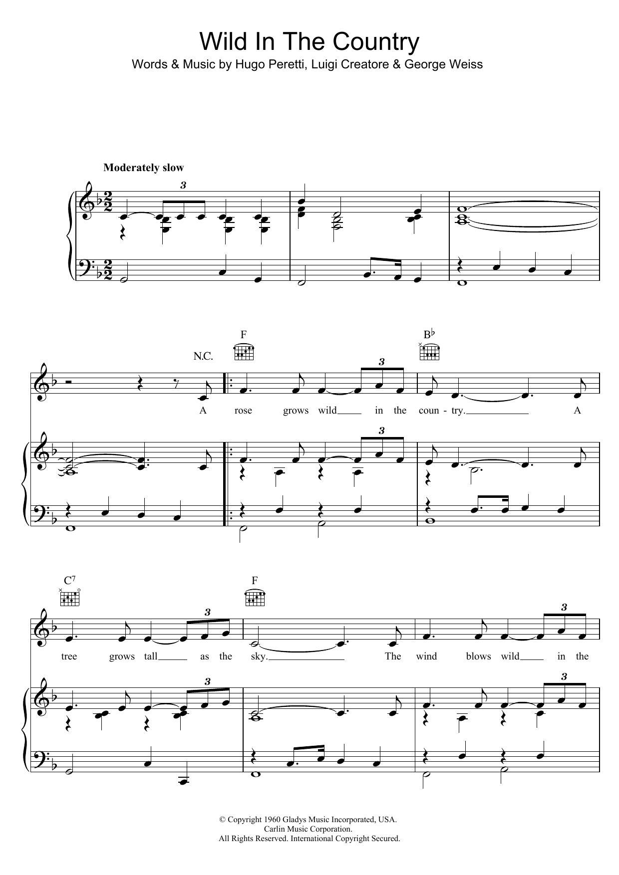 Elvis Presley Wild In The Country Sheet Music Notes & Chords for Piano, Vocal & Guitar (Right-Hand Melody) - Download or Print PDF