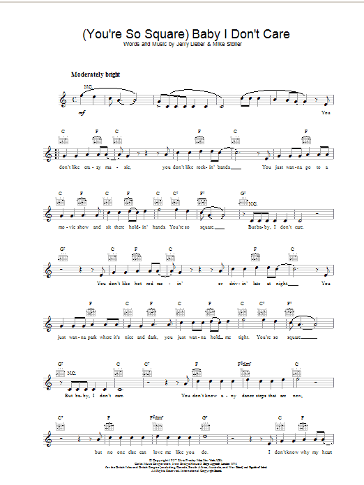 Elvis Presley (You're So Square) Baby I Don't Care Sheet Music Notes & Chords for Lead Sheet / Fake Book - Download or Print PDF