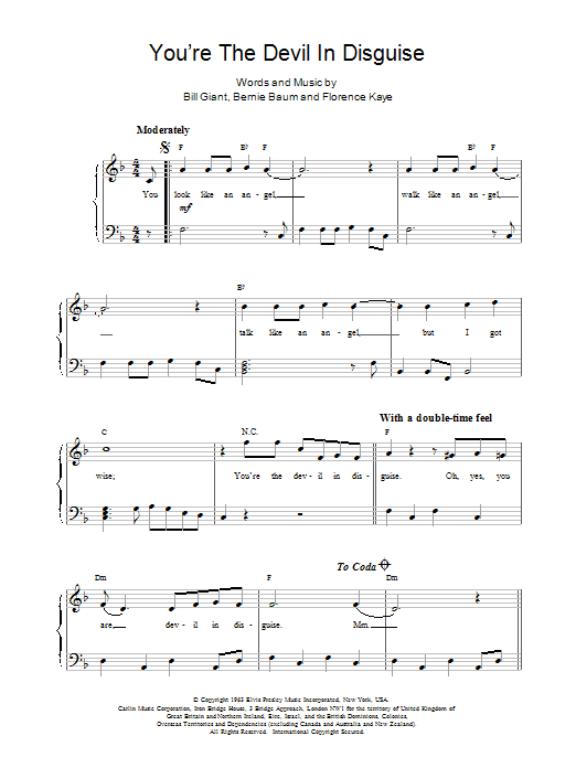 Elvis Presley You're The Devil In Disguise Sheet Music Notes & Chords for Piano, Vocal & Guitar - Download or Print PDF