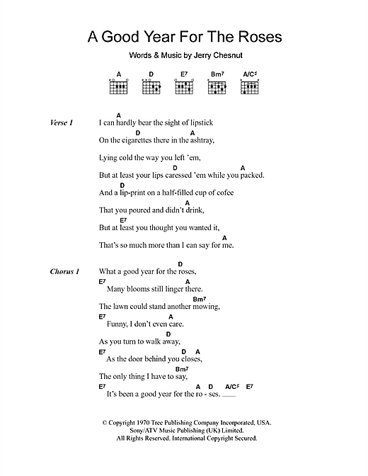 Preview Elvis Costello A Good Year For The Roses Rock sheet music, notes and chords for Piano, Vocal & Guitar (Right-Hand Melody), SKU: 13624 A Good Year For The Roses sheet music