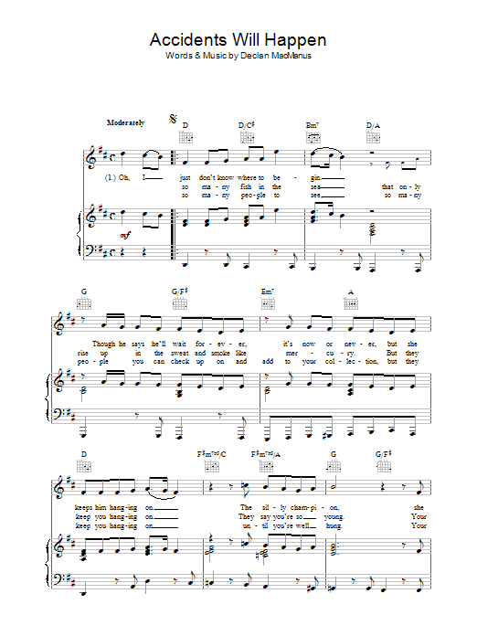 Preview Elvis Costello Accidents Will Happen Pop sheet music, notes and chords for Piano, Vocal & Guitar (Right-Hand Melody), SKU: 34183 Accidents Will Happen sheet music