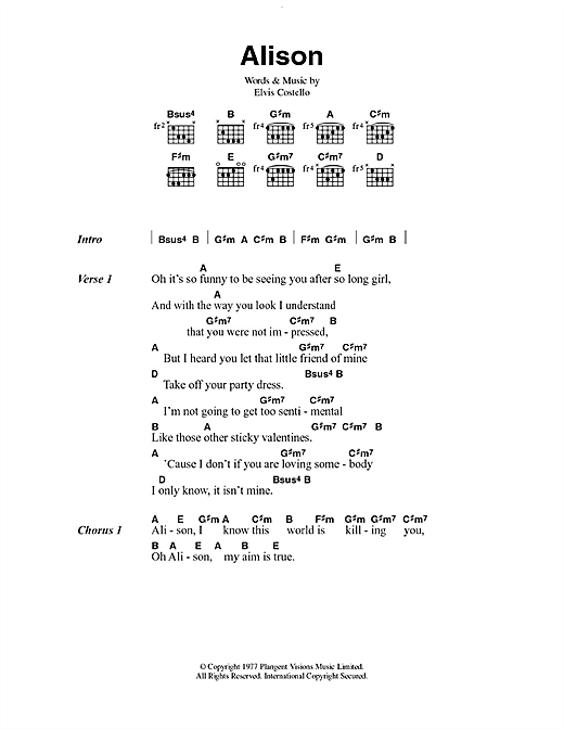 Preview Elvis Costello Alison Rock sheet music, notes and chords for Lyrics & Chords, SKU: 49865 Alison sheet music
