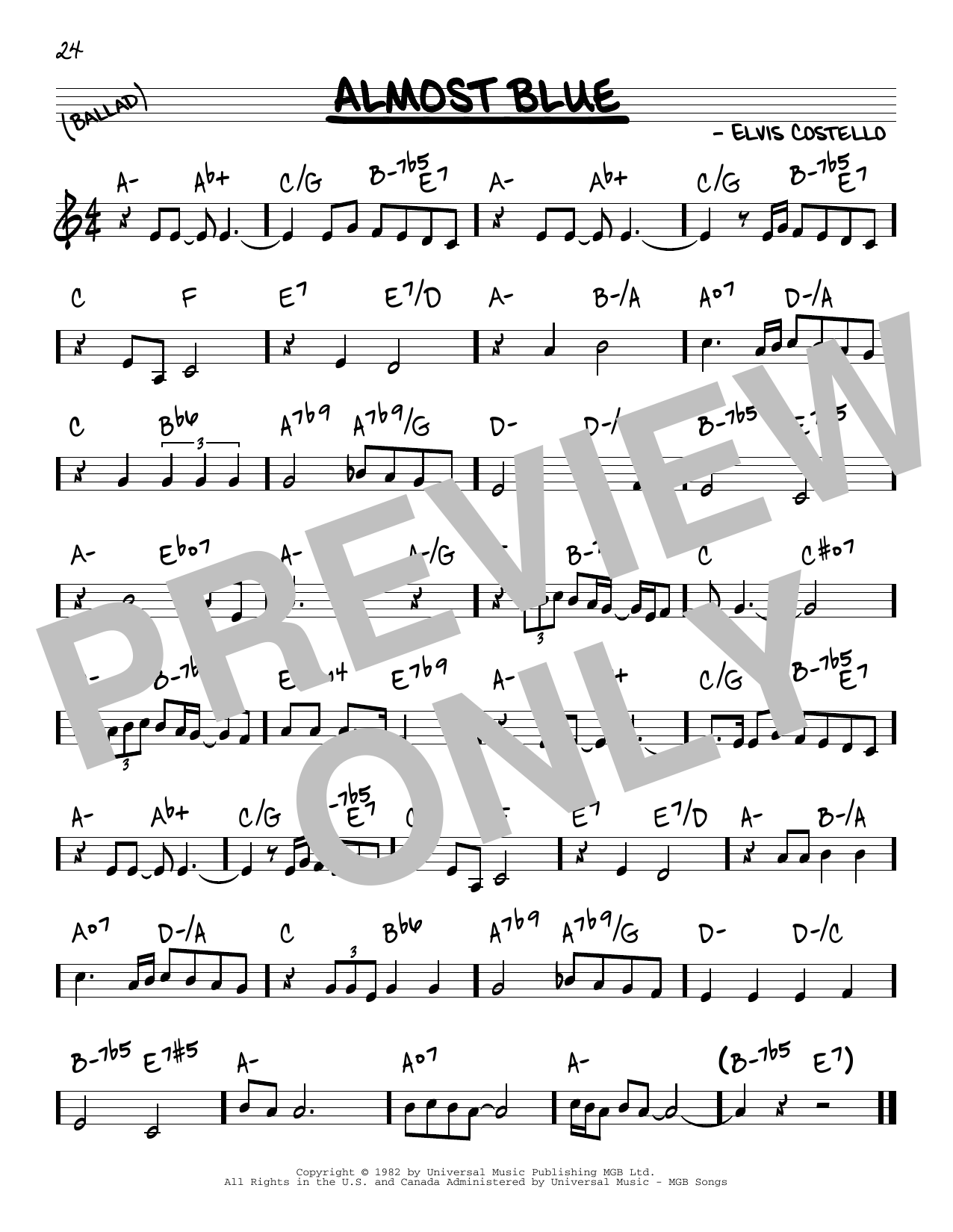 Preview Elvis Costello Almost Blue Rock sheet music, notes and chords for Piano, SKU: 49519 Almost Blue sheet music
