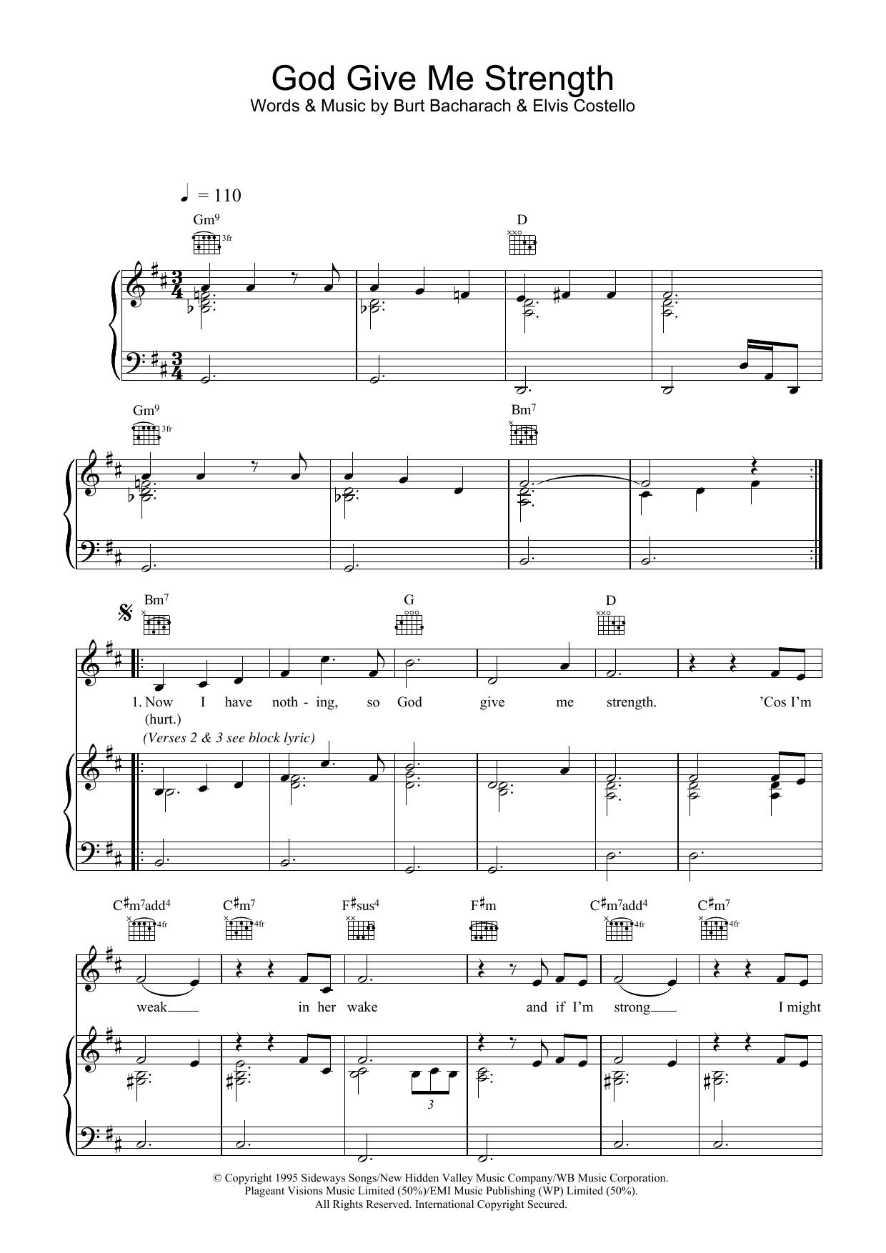 Preview Elvis Costello and Burt Bacharach God Give Me Strength Pop sheet music, notes and chords for Piano, Vocal & Guitar (Right-Hand Melody), SKU: 33987 God Give Me Strength sheet music