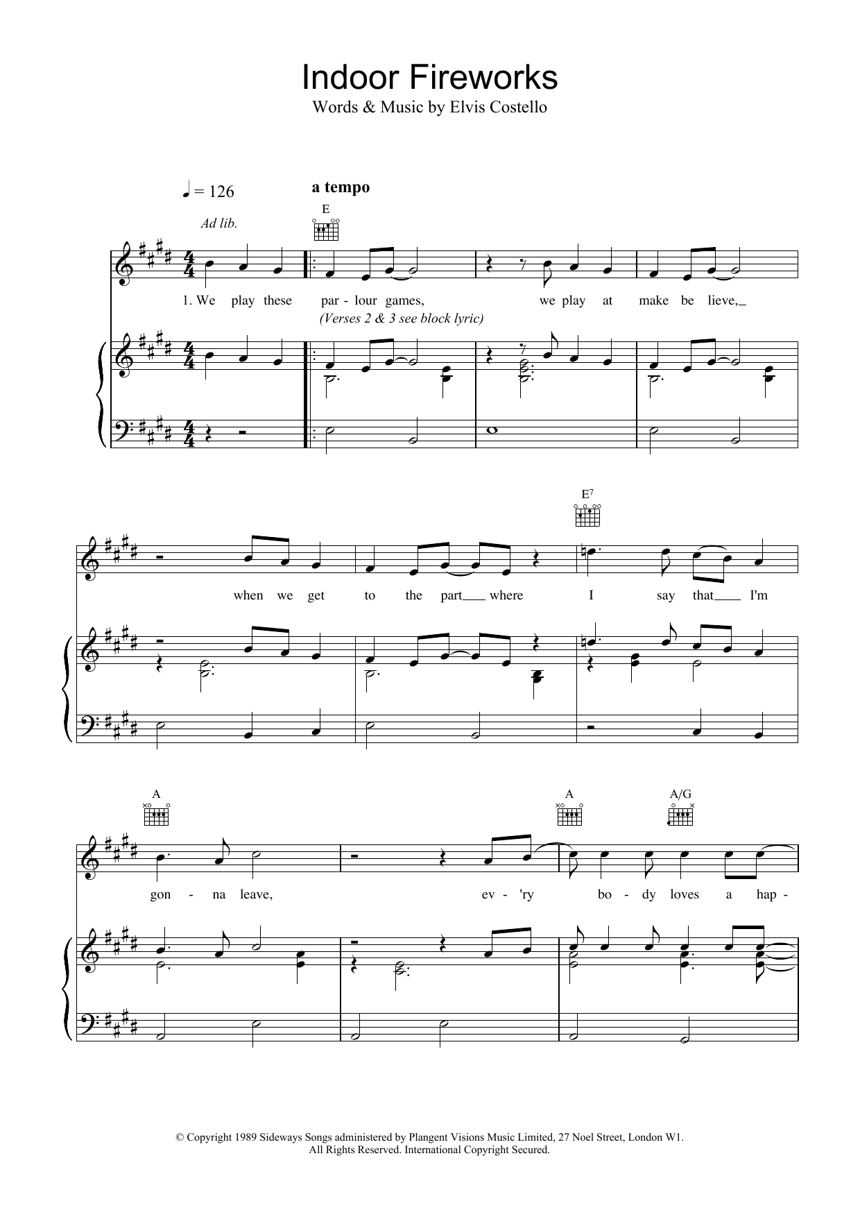 Preview Elvis Costello Indoor Fireworks Rock sheet music, notes and chords for Piano, Vocal & Guitar (Right-Hand Melody), SKU: 13681 Indoor Fireworks sheet music