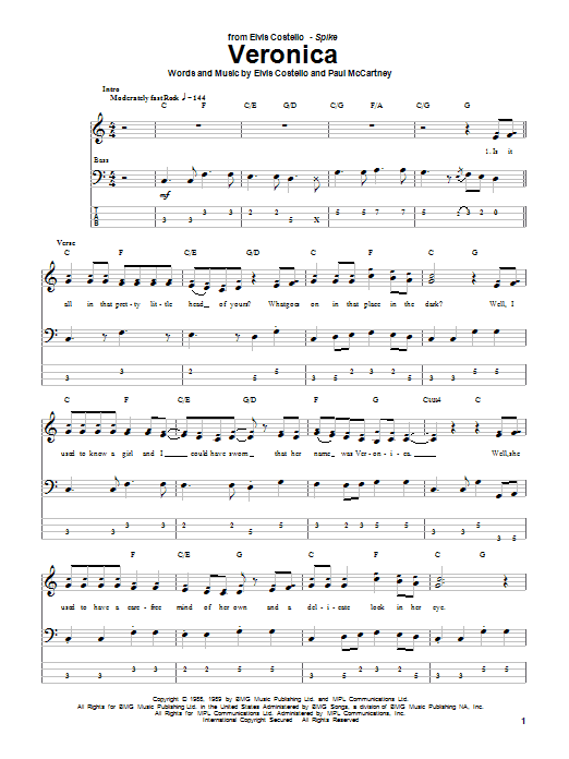 Preview Elvis Costello Veronica Rock sheet music, notes and chords for Bass Guitar Tab, SKU: 50284 Veronica sheet music