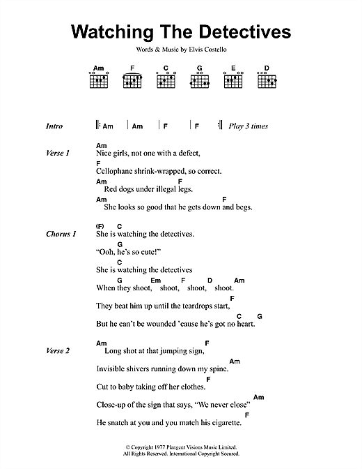 Preview Elvis Costello Watching The Detectives Pop sheet music, notes and chords for Piano, Vocal & Guitar (Right-Hand Melody), SKU: 34179 Watching The Detectives sheet music