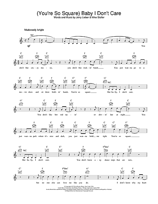 Preview Elvis Presley (You're So Square) Baby I Don't Care Pop sheet music, notes and chords for Melody Line, Lyrics & Chords, SKU: 25808 (You're So Square) Baby I Don't Care sheet music