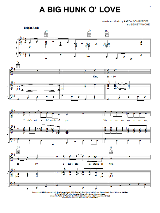 Preview Elvis Presley A Big Hunk O' Love Rock sheet music, notes and chords for Piano, Vocal & Guitar (Right-Hand Melody), SKU: 18242 A Big Hunk O' Love sheet music