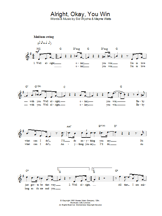 Preview Elvis Presley Alright, Okay, You Win Pop sheet music, notes and chords for Melody Line, Lyrics & Chords, SKU: 13936 Alright, Okay, You Win sheet music