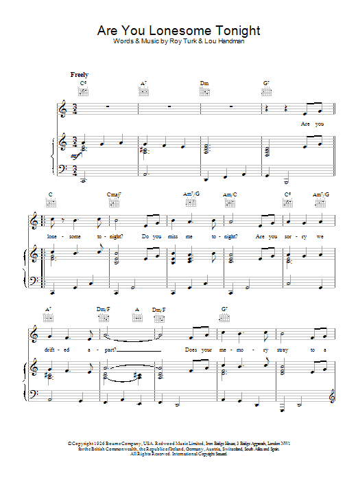 Preview Elvis Presley Are You Lonesome Tonight Pop sheet music, notes and chords for Piano, Vocal & Guitar (Right-Hand Melody), SKU: 13631 Are You Lonesome Tonight sheet music