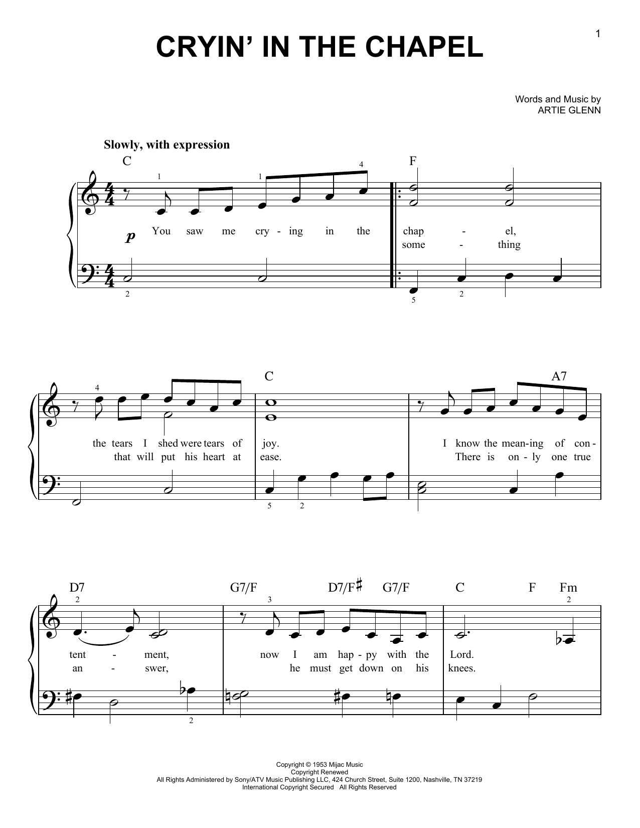Preview Elvis Presley Crying In The Chapel Pop sheet music, notes and chords for Easy Piano, SKU: 25643 Crying In The Chapel sheet music