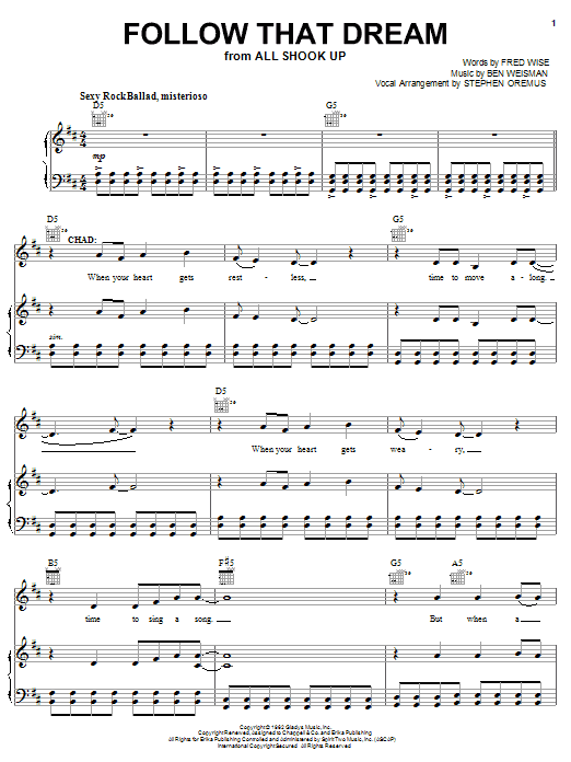 Preview Elvis Presley Follow That Dream Musical/Show sheet music, notes and chords for Piano, Vocal & Guitar (Right-Hand Melody), SKU: 56903 Follow That Dream sheet music