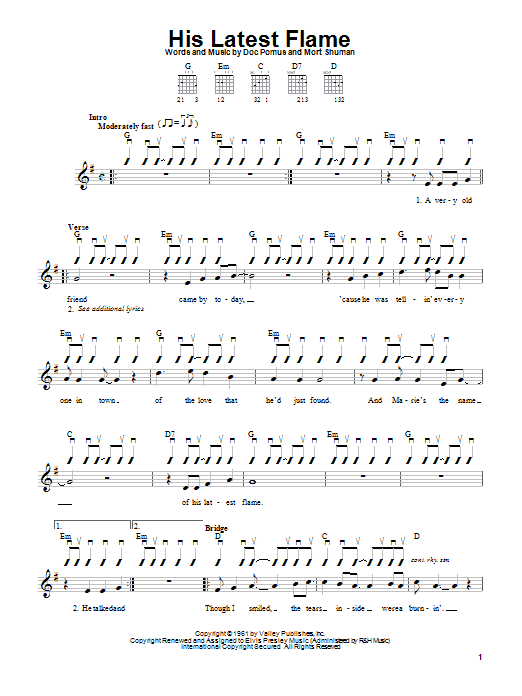 Preview Elvis Presley His Latest Flame Rock sheet music, notes and chords for Voice, SKU: 183159 His Latest Flame sheet music