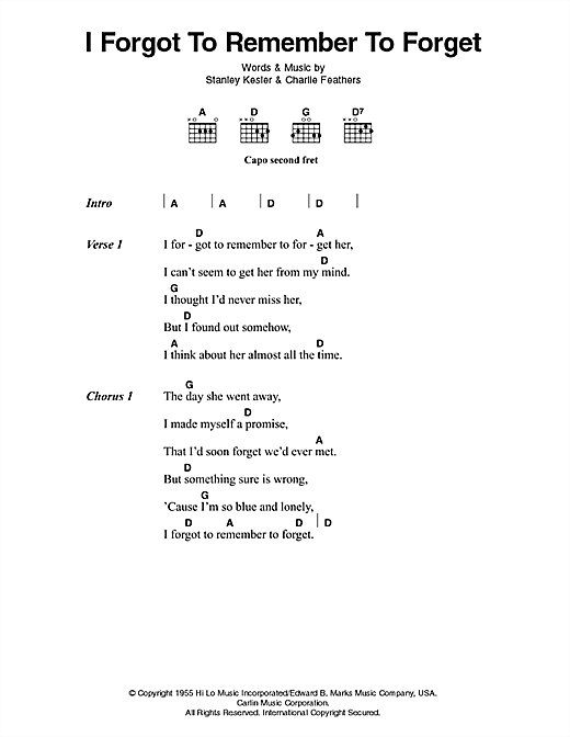Preview Elvis Presley I Forgot To Remember To Forget Pop sheet music, notes and chords for Piano, Vocal & Guitar (Right-Hand Melody), SKU: 63958 I Forgot To Remember To Forget sheet music