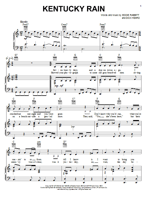 Preview Elvis Presley Kentucky Rain Pop sheet music, notes and chords for Piano, Vocal & Guitar (Right-Hand Melody), SKU: 22650 Kentucky Rain sheet music