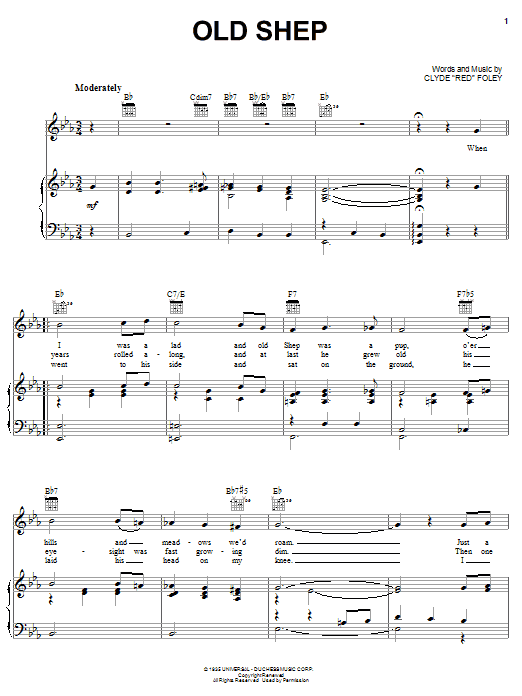 Preview Elvis Presley Old Shep Country sheet music, notes and chords for Piano, Vocal & Guitar (Right-Hand Melody), SKU: 50236 Old Shep sheet music