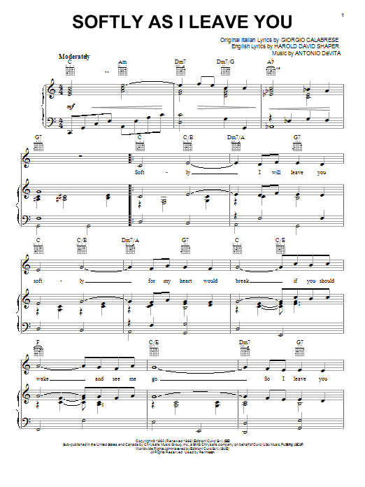 Preview Elvis Presley Softly As I Leave You Pop sheet music, notes and chords for Piano, Vocal & Guitar (Right-Hand Melody), SKU: 24163 sheet music, piano notes, chords, guitar tabs, score, transpose, transcribe, how to play, guide, download, learn, tutorial, progression, song, artist, awards, billboard, mtv, vh1, tour, single, album, release