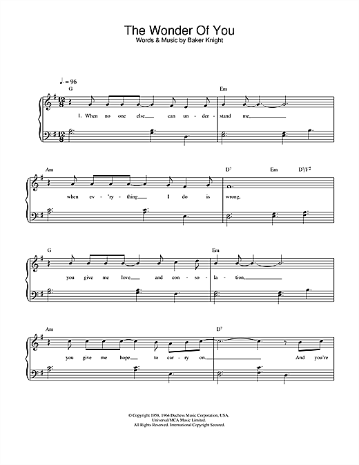 Preview Elvis Presley The Wonder Of You Rock sheet music, notes and chords for Piano Chords/Lyrics, SKU: 357629 The Wonder Of You sheet music