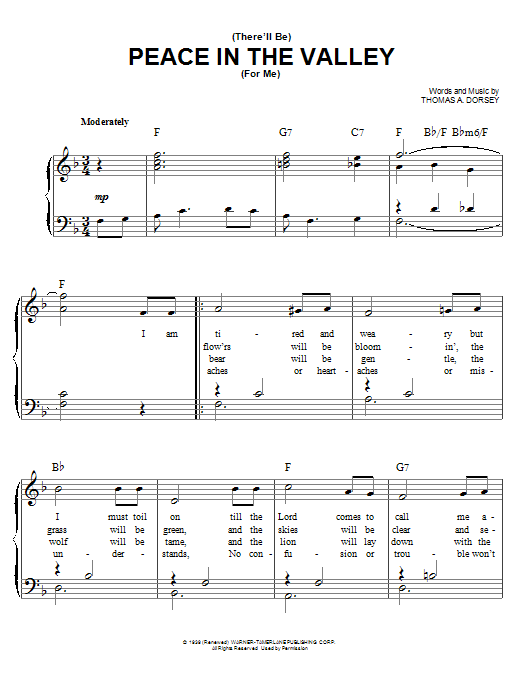 Preview Elvis Presley There Will Be Peace In The Valley For Me Hymn sheet music, notes and chords for Easy Piano, SKU: 83160 There Will Be Peace In The Valley For Me sheet music