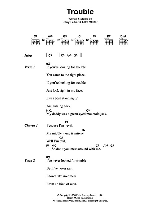 Preview Elvis Presley Trouble Rock sheet music, notes and chords for Piano, Vocal & Guitar (Right-Hand Melody), SKU: 53538 Trouble sheet music