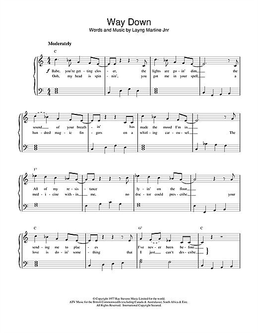 Preview Elvis Presley Way Down Pop sheet music, notes and chords for Piano, Vocal & Guitar (Right-Hand Melody), SKU: 21841 Way Down sheet music