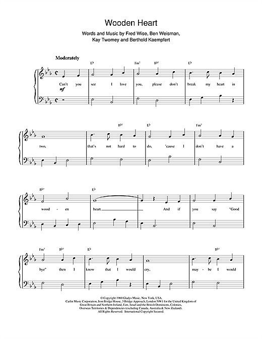 Preview Elvis Presley Wooden Heart Pop sheet music, notes and chords for Easy Piano, SKU: 25640 Wooden Heart sheet music