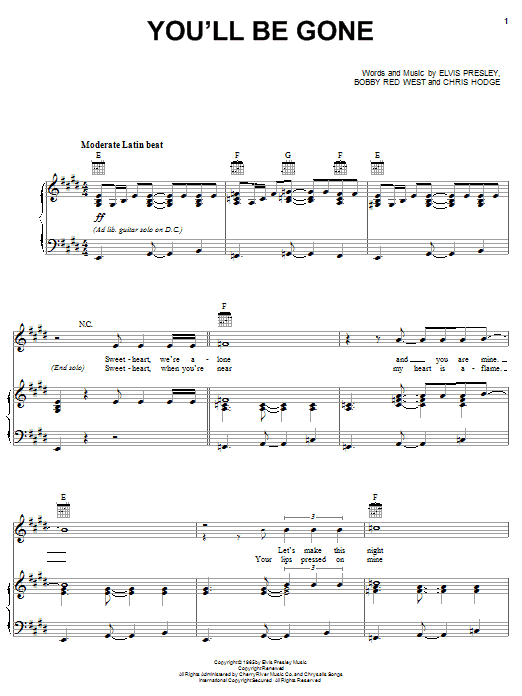 Preview Elvis Presley You'll Be Gone Oldies sheet music, notes and chords for Piano, Vocal & Guitar (Right-Hand Melody), SKU: 53537 You'll Be Gone sheet music