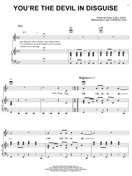 Preview Elvis Presley You're The Devil In Disguise Musical/Show sheet music, notes and chords for Piano, Vocal & Guitar (Right-Hand Melody), SKU: 56905 You're The Devil In Disguise sheet music