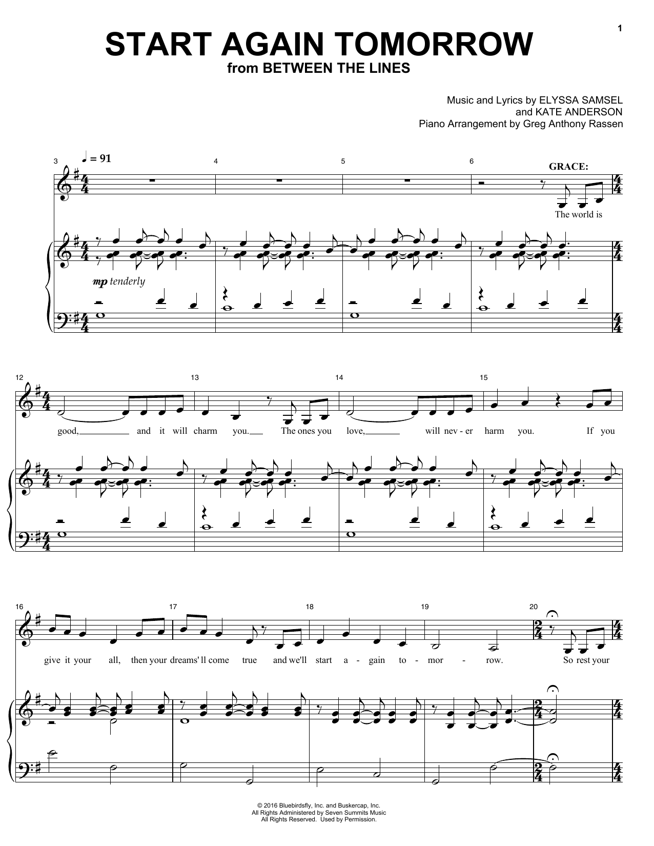 Elyssa Samsel & Kate Anderson Start Again Tomorrow (from Between The Lines) Sheet Music Notes & Chords for Piano & Vocal - Download or Print PDF