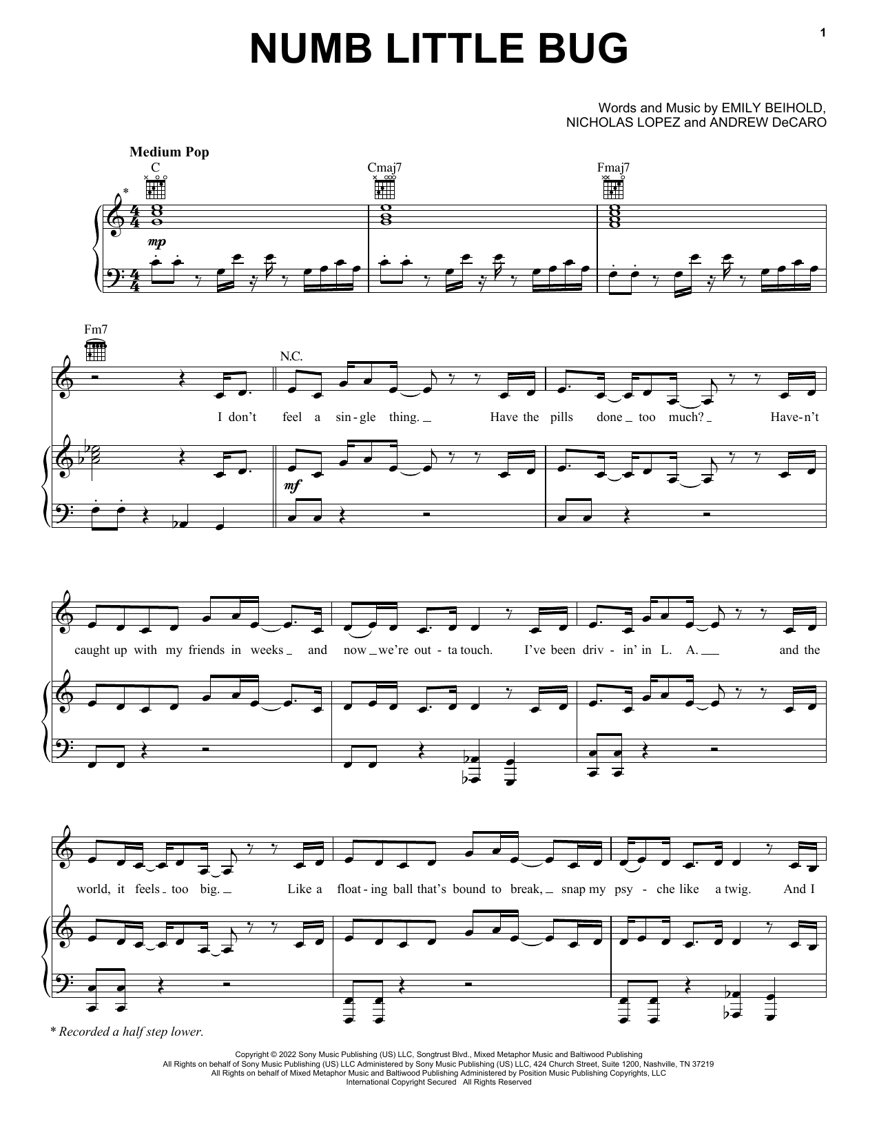 Em Beihold Numb Little Bug Sheet Music Notes & Chords for Piano, Vocal & Guitar Chords (Right-Hand Melody) - Download or Print PDF