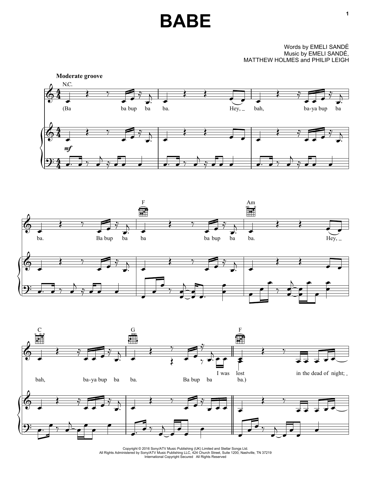 Emeli Sandé Babe Sheet Music Notes & Chords for Piano, Vocal & Guitar (Right-Hand Melody) - Download or Print PDF